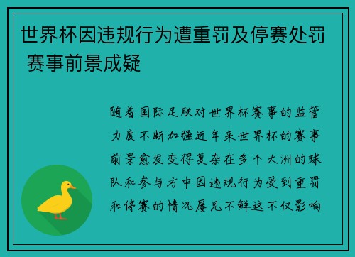 世界杯因违规行为遭重罚及停赛处罚 赛事前景成疑