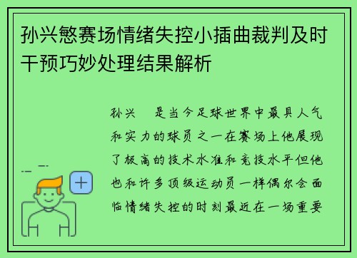 孙兴慜赛场情绪失控小插曲裁判及时干预巧妙处理结果解析 孙兴慜赛场情绪失控小插曲裁判及时干预巧妙处理结果解析